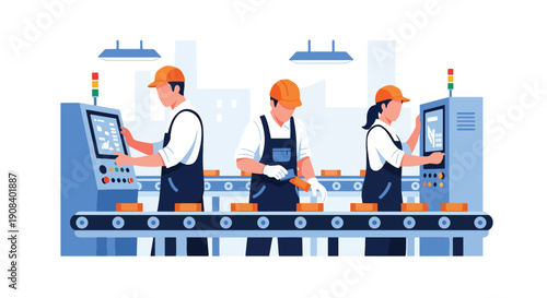 Modern flat vector illustration of factory workers managing production line together, showing manufacturing teamwork and quality control