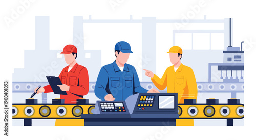 Modern flat vector illustration of factory workers managing production line together, showing manufacturing teamwork and quality control