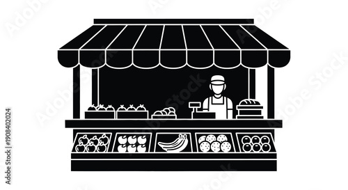 A simple black and white illustration depicts a market stall with a vendor showcasing various food items