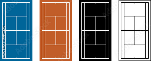 Tennis court layout set in outline and silhouette style with solid black, blue, and orange colors. Clean top view sport field illustration for posters, apps, infographics, and graphic design.