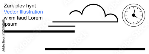 Time management, productivity, graphic design, communication, templates, branding. Minimalist cloud, clock and lines with text placeholders. Time management and productivity design concept
