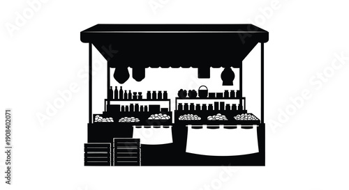 A simplistic black silhouette depicting a retail storefront with displayed goods and a canopy high quality professional detailed