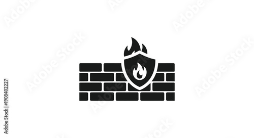 A black silhouette depicts a brick wall with a shield containing a flame symbolizing cybersecurity protection high quality