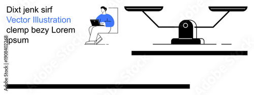 E-learning, digital work, balance scales, decision making, education resources, weighing options. A person on a laptop beside scales and placeholder text. E-learning and balance concepts