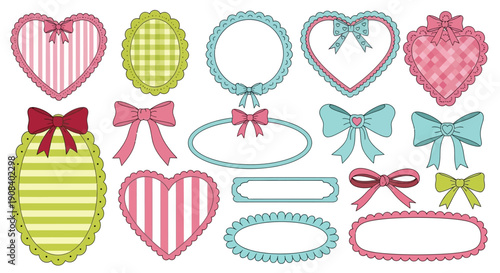 Collection of colorful patterned frames and bows in various shapes and designs