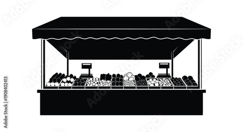 A simple black and white illustration depicts a market stall filled with various produce items for sale