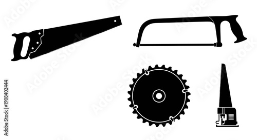 Collection of carpentry tools including handsaw, hacksaw, circular saw blade, and drill bit on a clean background