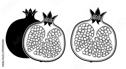 Illustration of pomegranate fruit cut open showcasing seeds, accompanied by a whole fruit silhouette, on a plain background from a frontal viewpoint