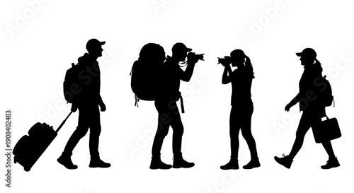 Travelers with luggage and cameras walking in a line, captured in a simple illustration