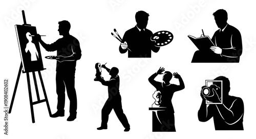 Silhouetted artists engaged in creative activities, painting, drawing, and photography, showcasing various art forms and techniques.