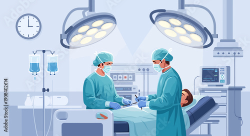 A female surgeon in a medical uniform and mask uses advanced equipment to perform a surgical operation on a patient in a hospital operating room