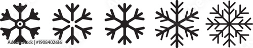 Black and blue snowflake icons and graphic illustration. Modern Christmas decoration icons for seasonal holiday branding. Vector icons set in various shapes.
