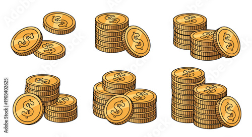 A professional set of golden coins of dollar stacked in a pile, representing wealth and financial success for business and investment in the global banking economy