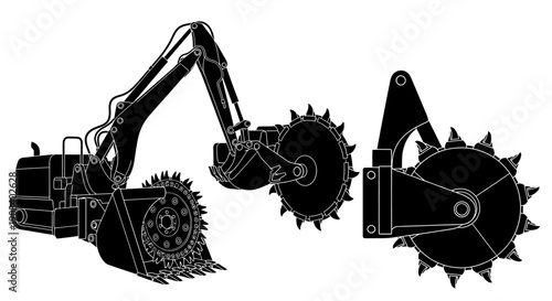 Heavy machinery with spiked wheels and excavator arm in industrial setting