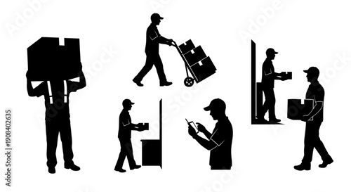 Logistics personnel handling packages and boxes in various actions and environments