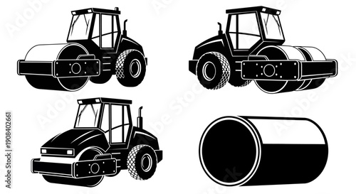 Heavy machinery and construction equipment, including steamrollers and a pipe, in various viewpoints and orientations, depicted in black and white illustrations