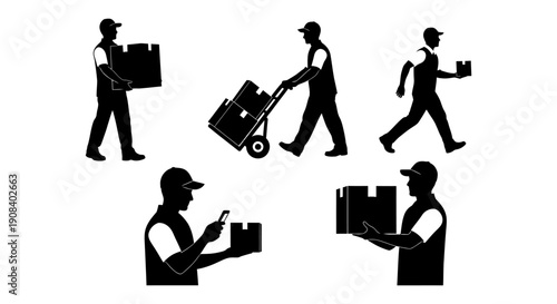 Delivery personnel handling packages in various actions and poses