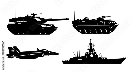 Military vehicles including tank, ship, aircraft, and warship silhouettes on a plain background