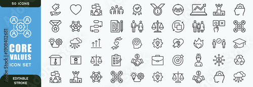 Core Values Icon Set – Professional Line Art Symbols for Corporate Culture, Business Ethics, and Organizational Principles