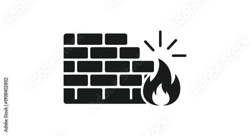 A minimalistic black icon depicts a brick wall being breached by a flame and sparks high quality professional