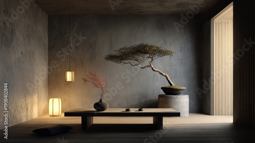 minimal Japanese interior with bonsai and zen lighting