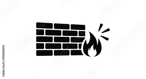 A simple black silhouette depicts a brick wall being broken by intense flames symbolizing damage or destruction