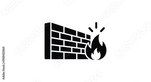 A simple black silhouette depicts a brick wall being broken by flames and resulting debris high quality professional