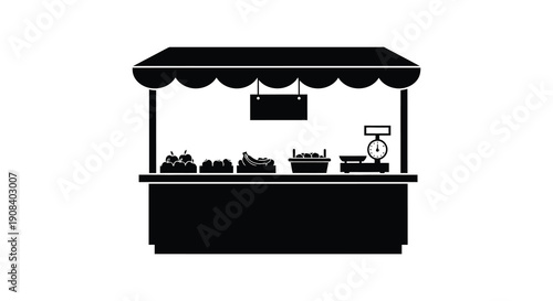 A minimalist black and white illustration depicts a market stall with displayed goods and a scale high quality