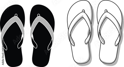 Vector illustration of black and white flip flops icons set, summer beach footwear silhouette and outline isolated on white background