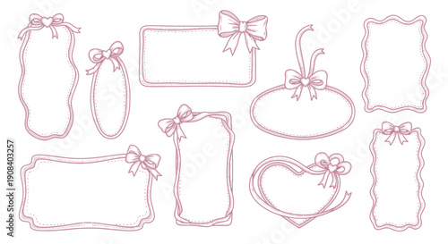Collection of hand drawn red ribbon frames and labels with decorative bows