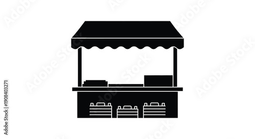 A simplistic black and white silhouette depicts a market stall or vendor booth with a canopy high quality