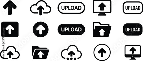 Collection of various upload icons on a white background for technology and design