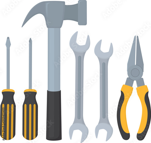 Set of essential hand tools with hammer, screwdrivers, pliers and wrenches. Practical working instrument