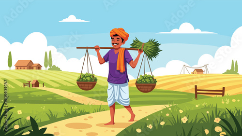 Illustration of a traditional Indian farmer carrying a harvest on a shoulder pole across a beautiful rural landscape of agricultural fields.