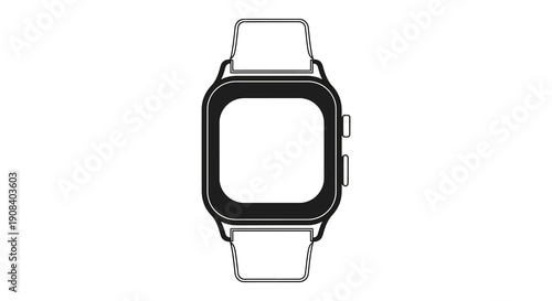 A minimalist line drawing depicts a modern smartwatch with a rectangular face and light colored strap high quality professional