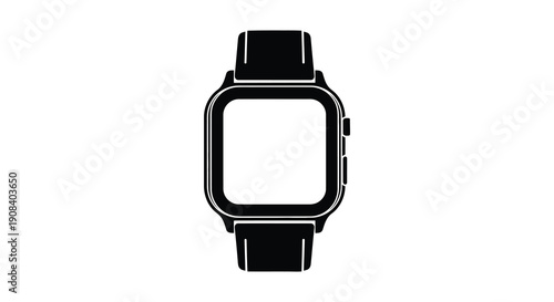 A minimalist black and white silhouette depicts a modern smartwatch with a rectangular face and strap high quality