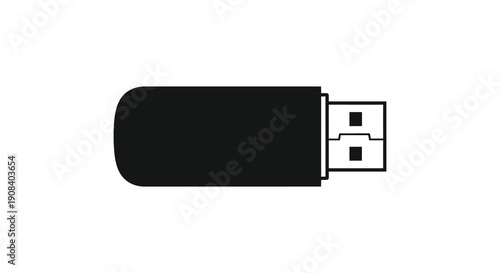 A simple black and white illustration depicts a rectangular usb flash drive with a standard connector high quality