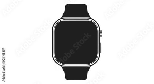 A front view of a modern smartwatch with a black screen and dark wristband isolated on white