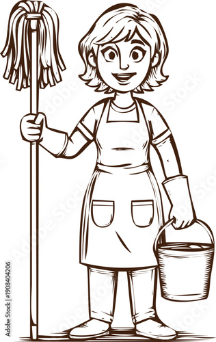 An engraving art style illustration hand drawn smiling woman holding mop and bucket ready for cleaning housework illustration
