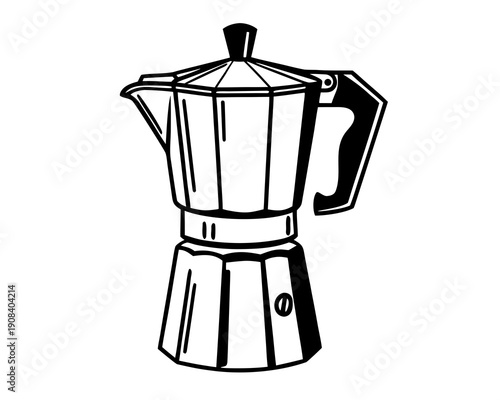 Black and white illustration of a classic Moka pot stovetop espresso maker.