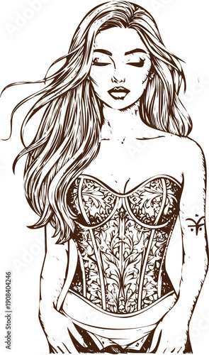 An engraving art style illustration hand drawn beautiful woman with long wavy hair wearing an ornate corset line art drawing