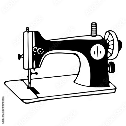Hand-drawn black and white illustration of a vintage sewing machine