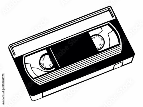 Minimalist black and white line art of a vintage VHS video cassette tape.