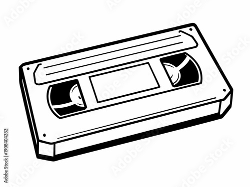 Black and white line art illustration of a vintage VHS cassette tape.