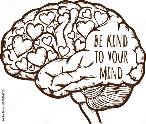 An engraving art style illustration hand drawn hand drawn brain illustration with hearts and positive message for mental health awareness