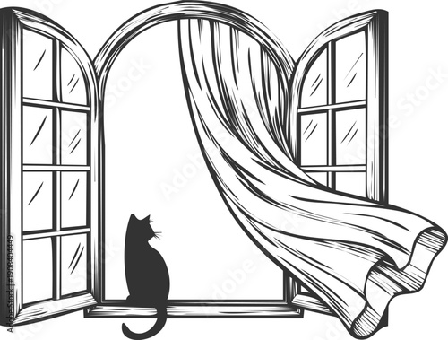 An engraving art style illustration hand drawn black cat sitting on open window ledge looking out with curtains blowing in the wind sketch
