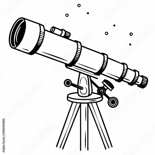 Minimalist line art illustration of an astronomical telescope on a tripod.