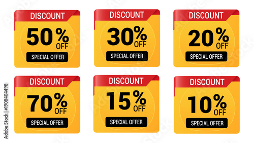 Collection of discount stickers with various percentage off offers