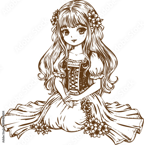 An engraving art style illustration hand drawn chibi anime girl with long hair and flowers in a vintage dress sitting down sketch