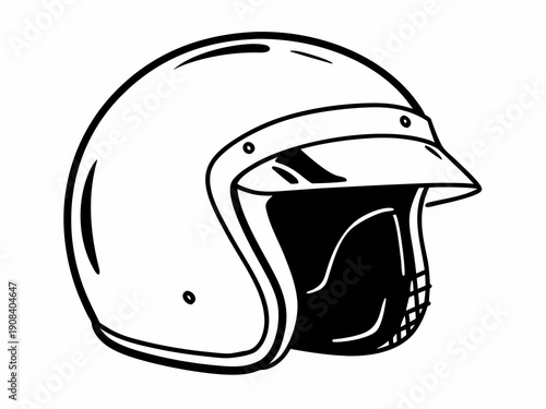 Hand-drawn black and white illustration of a classic open-face motorcycle helmet